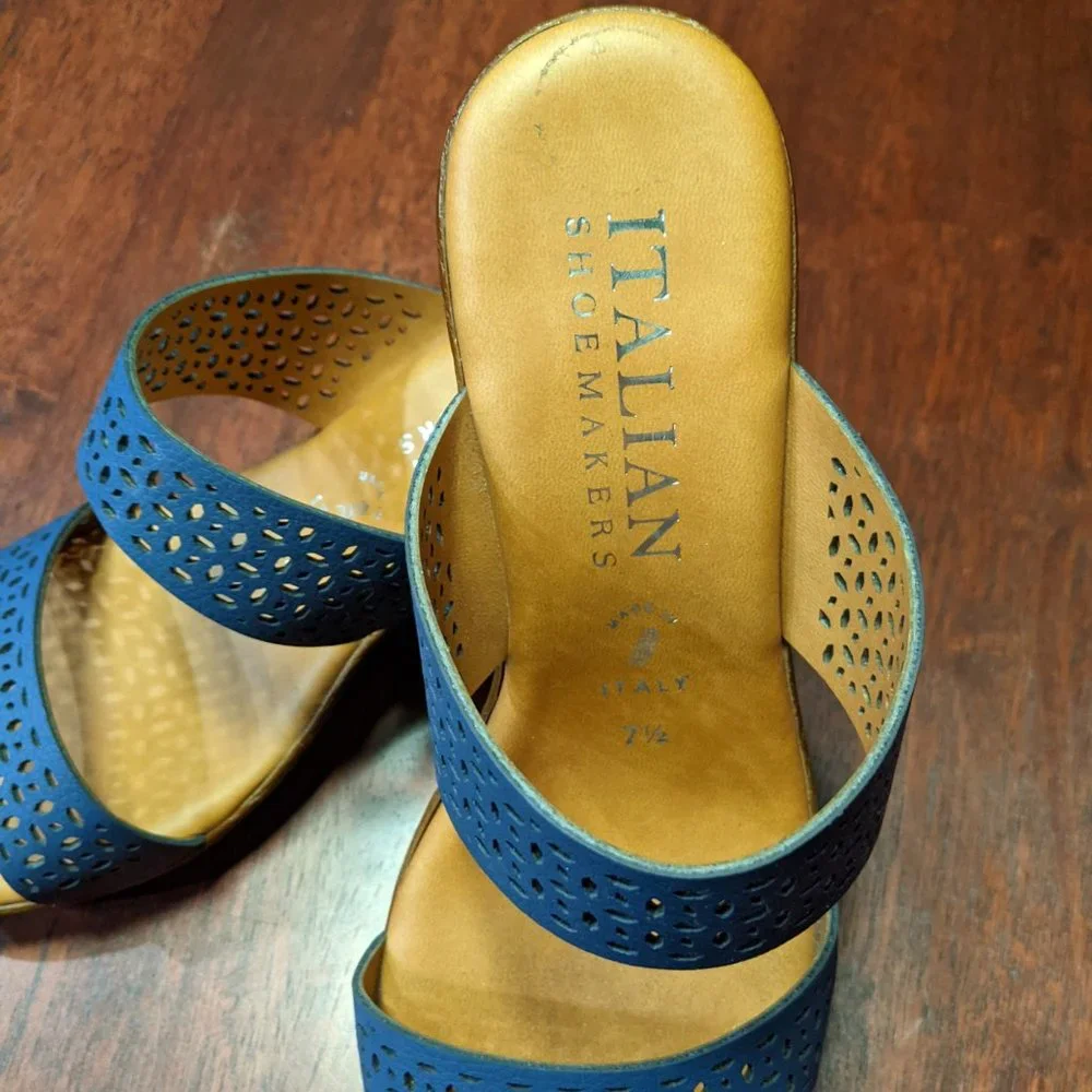 Italian Shoemakers blue laser cut slip on strap wedge sandals 7.5